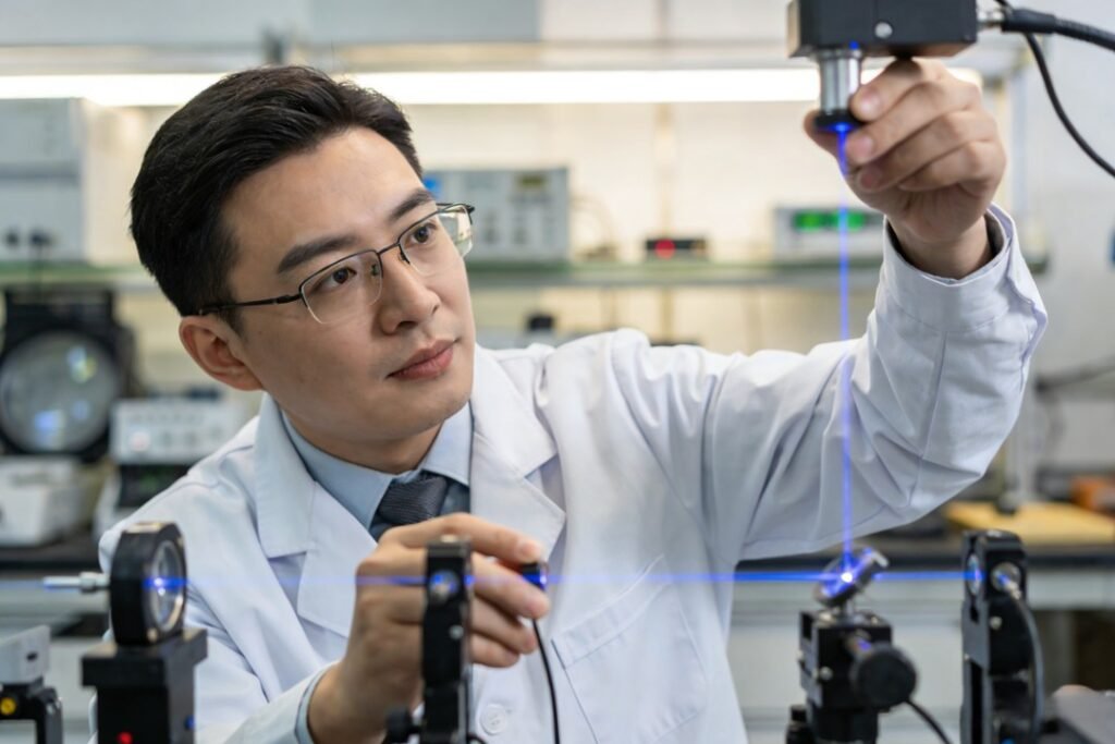 Optical engineer performing laser beam path alignment and optical calibration for high-power laser head