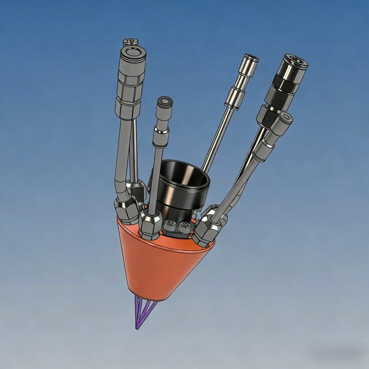 Quad-coaxial powder nozzle for four-channel laser cladding and powder delivery systems