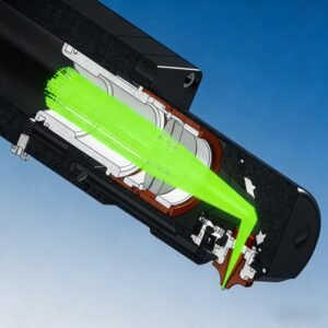 Section view of high-power fiber laser cutting head showing internal optical and mechanical components