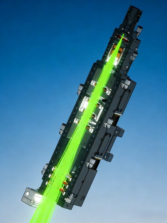 Cross-sectional view of variable spot laser hardening head showing internal beam shaping optics