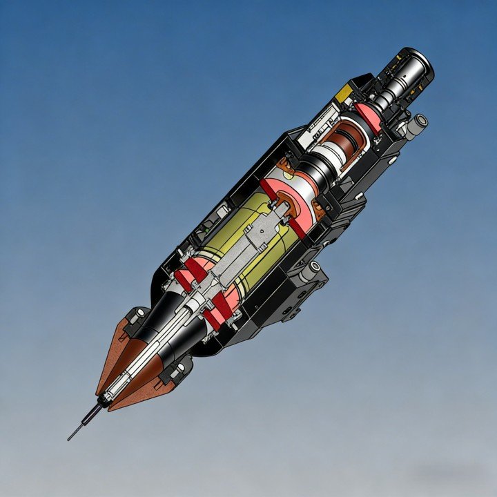 Cross-sectional view of a laser cladding head showing internal optical and powder delivery components