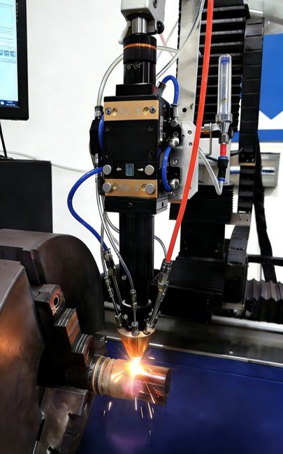 High-power fiber laser cladding in action with metallic powder deposition and visible sparks