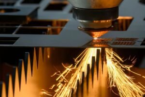 Industrial laser cutting process on metal component using high-power fiber laser