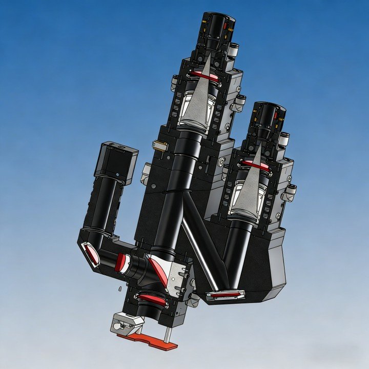 Cross-sectional view of dual-source composite laser welding head showing internal optical and powder/wire delivery components