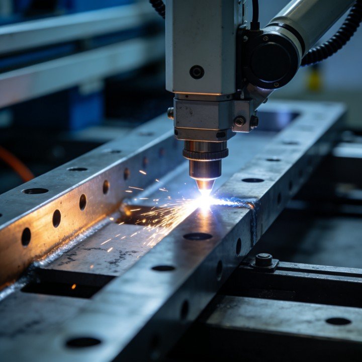 Industrial fiber laser welding head integrated into CNC system performing automated welding on metal components