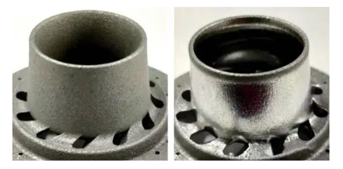 Polish contrast effect showing laser surface hardened metal component