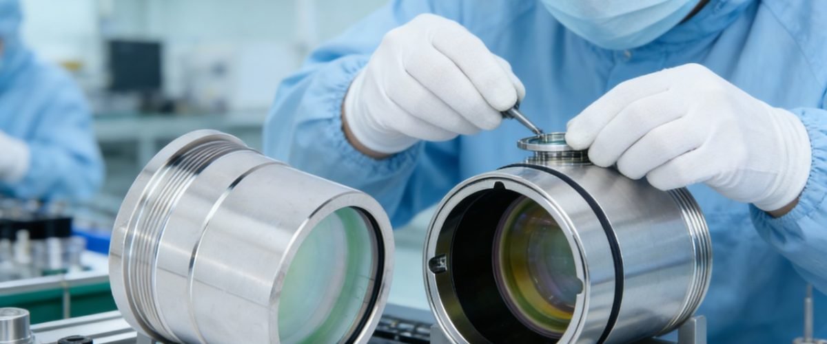 Technician assembling high-precision laser lenses in a cleanroom environment