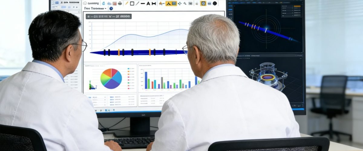 Optical design engineers collaborating on laser system development